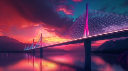 A modern, multi-lane cable-stayed bridge illuminated by the vibrant colors of a sunset.