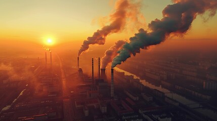 industry metallurgical plant dawn smoke smog emissions bad ecology aerial photography air pollution Climate Change, Concept Climate Emergency withered earth - obrazy, fototapety, plakaty