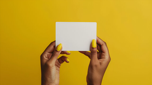 Woman Hand holding white blank card with yellow background, ai generated