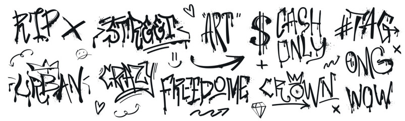 Set of spray paint tags, slogan or arrow with graffiti effect. Hand drawn ink dollar symbol with drips and splatters. Urban street art black design element, grunge fonts isolated on white background.