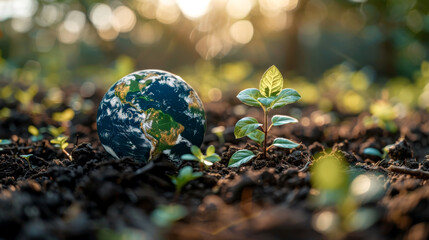 Earth Days. A globe with a young growing plant. - obrazy, fototapety, plakaty