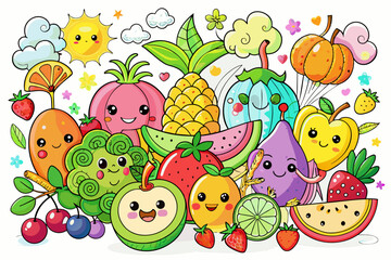 Coloring book page fruits. Nature coloring book page for kids with colorful fruits vector illustration