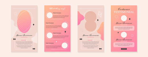 Customer service review or feedback story template design. Vector set of pastel testimonial posts of product for social media. Web banners of client satisfaction with stars rating and short quotes.