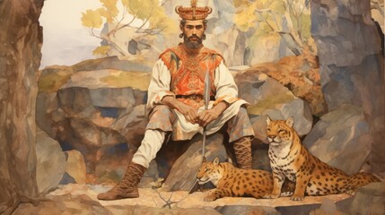 A man sits on a rock with two cats in front of him. The man is wearing a crown and holding a spear. The cats are sitting on the ground, one on the left and one on the right - obrazy, fototapety, plakaty