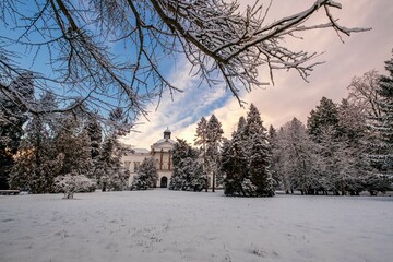 Topolcianky castle with snowy park in winter. Slovakia, central Europe. Discover the beauty of the...