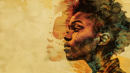 African woman illustration in profile view on black background. Freedom Day, Black Independence Day banner. Generative AI