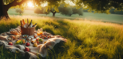 Banner romantisches natürliches Land Leben Liebe Essen Picknick in der freien Natur auf Wiese voller Blüten auf Decke im Gras mit Früchten Brot Wein Korb voller Lebensmittel Bäume warm sommerlich  - obrazy, fototapety, plakaty