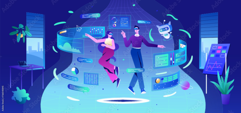 Poster metaverse technology concept. flat people with virtual reality goggles and ai robot in office. chara