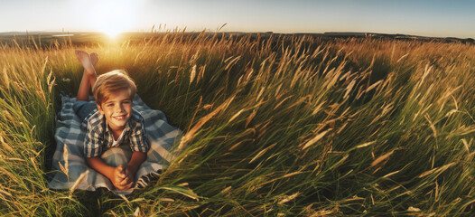 Hintergründe Vorlagen draußen im Freien ein Junge liegt glücklich lächelnd barfuß auf einer Decke im hohen grünen Gras in Sommer Sonne Strahlen genießt Freizeit Urlaub Ferien Natur Freiheit Schönheit  - obrazy, fototapety, plakaty