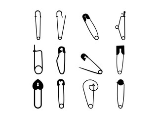 Set of Safety pin Silhouette in various poses isolated on white background