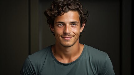 Naklejka premium A man with a smile on his face is wearing a green shirt