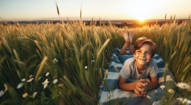Hintergründe Vorlagen draußen im Freien ein Junge liegt glücklich lächelnd barfuß auf einer Decke im hohen grünen Gras in Sommer Sonne Strahlen genießt Freizeit Urlaub Ferien Natur Freiheit Schönheit 