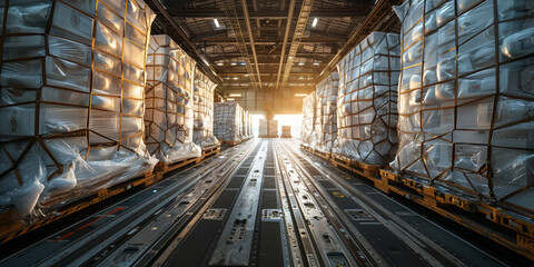 Industrial warehouse hangar for stock distribution and delivering goods. Logistic facility for cargo transportation.