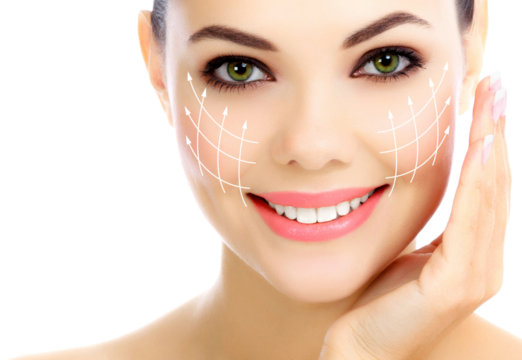 Cheerful female with fresh clear skin, white background. Skin care concept. 