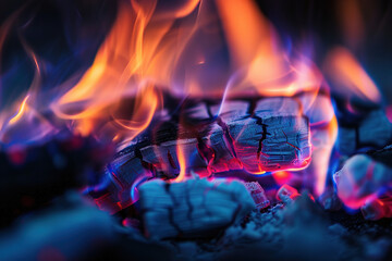 close up image of a burning fire in the dark - obrazy, fototapety, plakaty