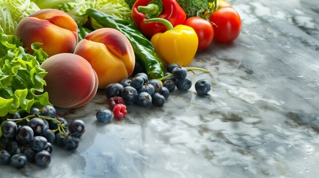 An Image with Copy Space for Text on the Left, Featuring a Lush Assortment of Fresh Fruits and Vegetables, with Highlights Including Succulent Peaches, Crisp Lettuce, Juicy Berries,