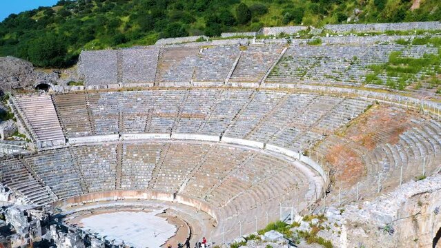 Stunning long aerial shot of the ancient city of Ephesus in Turkey