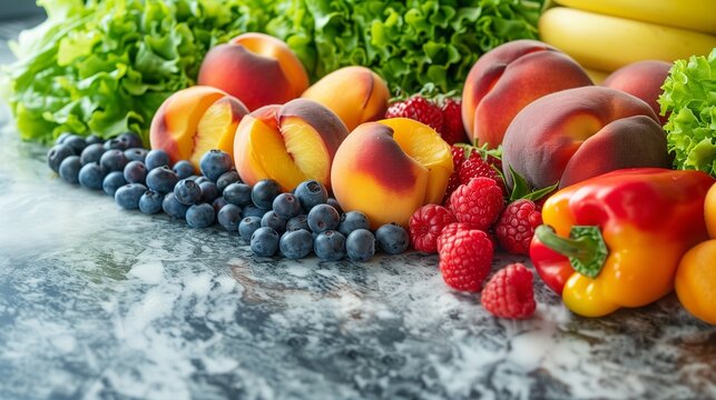 An Image with Copy Space for Text on the Left, Featuring a Lush Assortment of Fresh Fruits and Vegetables, with Highlights Including Succulent Peaches, Crisp Lettuce, Juicy Berries,