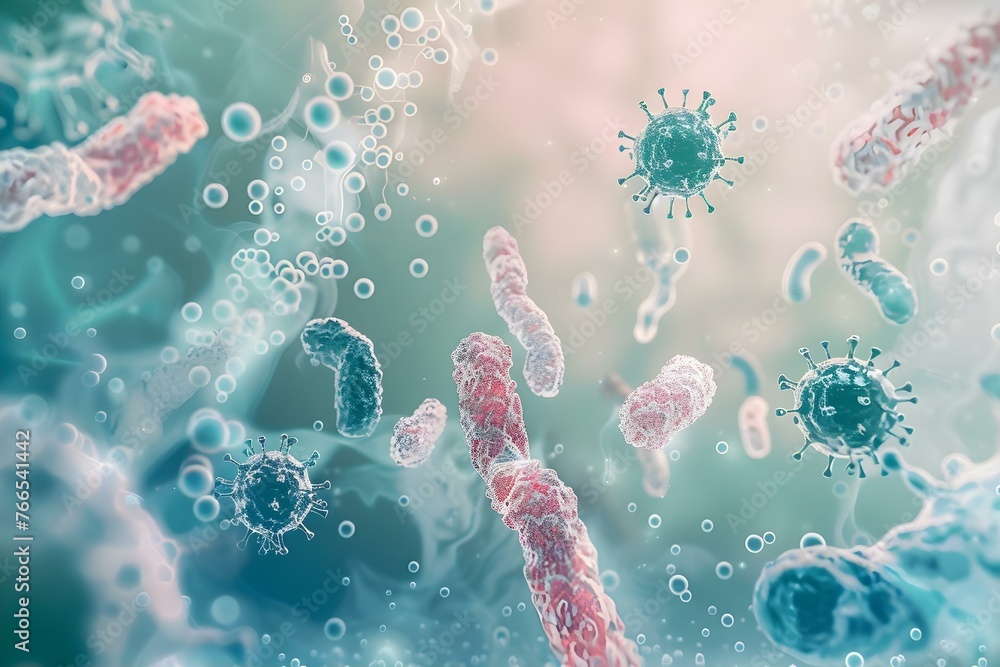 Poster abstract image of various bacteria and viruses against a light background representing science and m