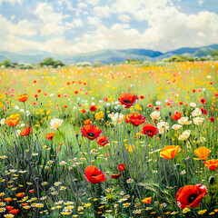 illustration natural colorful summer meadow with many flowers under a blue sky
