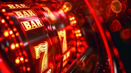 Slot machine with BAR and lucky number seven icons illuminated by neon lights. Casino and gaming concept.