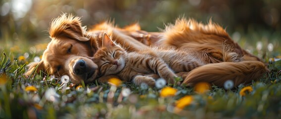 A Felidae and a dog breed peacefully sleeping in the grass