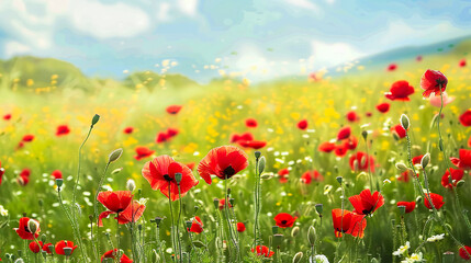 red poppies and white magerite flowers in a gree field of a summer meadow 