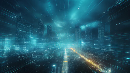 Abstract Futuristic digital cityscape with wireframe grid
