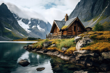 Vintage wooden house on a rocky seashore. Luxury vacation concept. Generated by artificial intelligence - obrazy, fototapety, plakaty