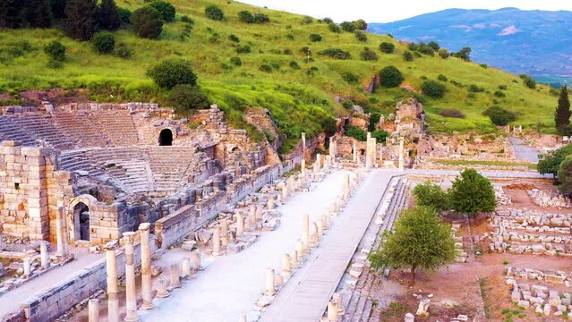 Stunning long aerial shot of the ancient city of Ephesus in Turkey