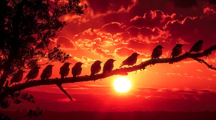 Photo sur Plexiglas Rouge A group of birds sits on the tree at sunset