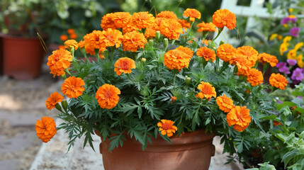 Fototapeta na wymiar Tagetes (commonly known as Marigolds) in a clay pot in garden