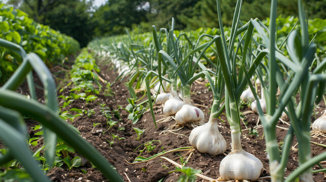 Garlic  growing in the vegetable garden