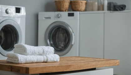 Modern laundry room interior product mockup space crisp blurred background of washing machine and clean towels creates ideal placement for product advertising or text overlay - 766542436