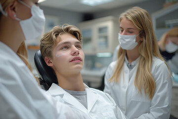 Young man in dental chair with two dentists in white coats