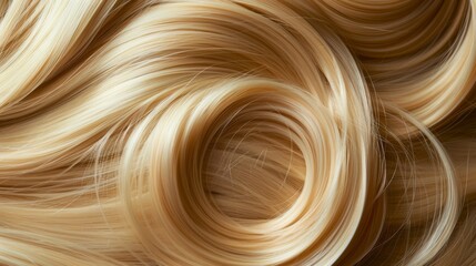 Spiral pattern of blonde hair strands close-up. Abstract design with a texture of human hair for background or wallpaper.