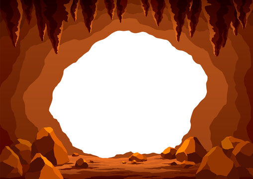View from cave or tunnel  frame in cartoon style. Cave landscape with place for text. Flat cartoon illustration with blank center