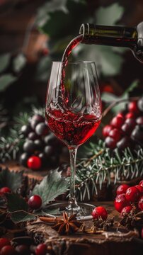 Red wine pour into glass with Christmas berries and spices. Holiday-themed close-up shot with warm tones.