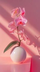 Pink orchid in white spherical vase with shadow play on a pink background. Studio photography with place for text