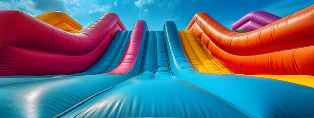 Colorful and bright bounce house outside. Colorful bouncy castle slide for children playground.