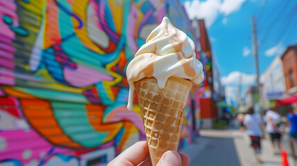 Close-up of a hand holding a melting ice cream cone with a colorful graffiti wall in the background.