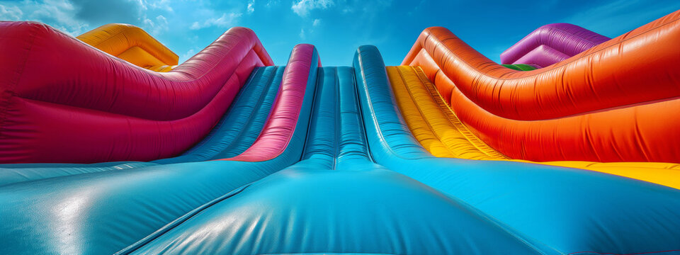 Colorful and bright bounce house outside. Colorful bouncy castle slide for children playground.