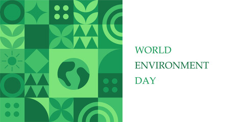 World Environment Day web template illustration with modern eco geometric nature mosaic. Green abstract geometry shape symbol background for online earth holiday or internet landing page