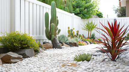 Minimalist garden with white pebbles and Cacti, Echeveria, rocks. A garden that is easy to maintain and does not require much water for dry climates