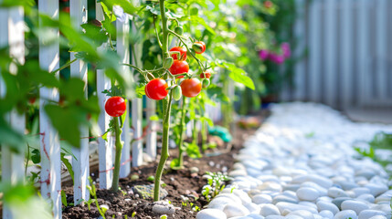 Tomatoes grow vertically (supported by a cane or stake) in a vegetable garden along a fence with white pebble mulch - obrazy, fototapety, plakaty