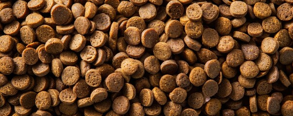 Close-up of brown dry pet food kibble. Macro shot of dog feed. Pet care and nutrition concept - obrazy, fototapety, plakaty