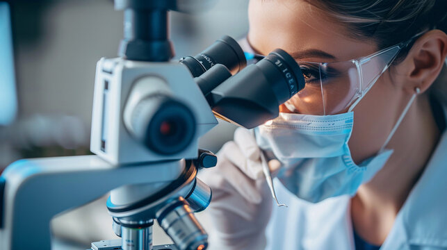 Selective focus of young female scientist looking through microscope in medical laboratory. AI.