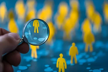 Foto op Plexiglas Focus group hand holding magnifying glass over yellow people symbol among white people icons attracting customers. Concept Market Research, Diversity, Customer Acquisition, Business Strategy © Anastasiia