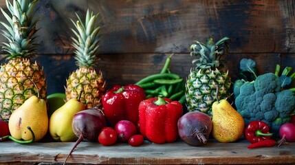 Copy Space for Text on the Left Side, Presenting a Rainbow of Freshly Picked Fruits and Vegetables, Including Ruby Red Peppers, Golden Pineapples, Emerald Broccoli, and Deep Purple - Powered by Adobe
