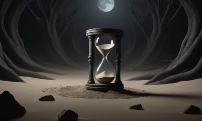 Amid a desolate landscape illuminated by moonlight, a solitary hourglass stands as a symbol of time's relentless flow. The surrounding rocks and barren trees frame this moment of solitary reflection.